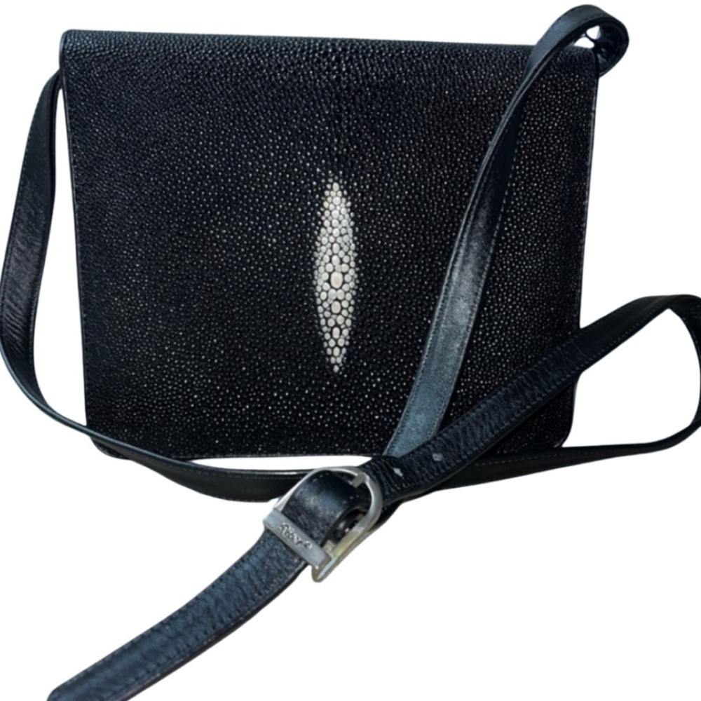 River Genuine Black White Stingray Leather Flap Clutch Crossbody Bag, NWT